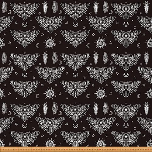 Boys Boho Moth Fabric by The Yard, Men Gothic Skull Upholstery Fabric for Girls Women, Halloween Bohemian Moon Star Decorative Fabric Moth Skull Skeleton Bones Fabric, 1 Yard, Black White