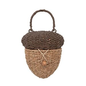 creative co-op handwoven bankuan acorn shaped basket with lid and wood handle, brown and natural decorative storage, 7" l x 7" w x 8" h, brown & natural