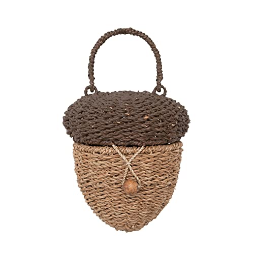 Creative Co-Op Handwoven Bankuan Acorn Shaped Basket with Lid and Wood Handle, Brown and Natural Decorative Storage, 7" L x 7" W x 8" H, Brown & Natural