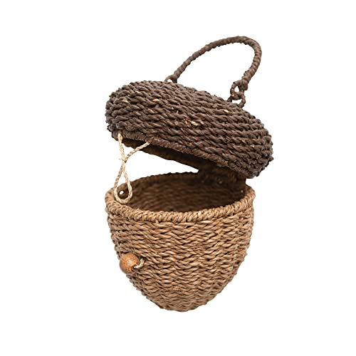 Creative Co-Op Handwoven Bankuan Acorn Shaped Basket with Lid and Wood Handle, Brown and Natural Decorative Storage, 7" L x 7" W x 8" H, Brown & Natural