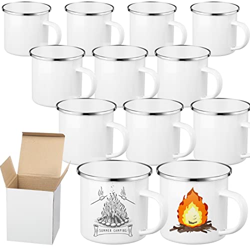 Mimorou 12 Pack Sublimation White Blanks Enamel Coffee Mug Set,12 oz Camping Outdoor Tea Camp Drinking Cups Travel Metal Skinny Mug with Silver Rim for Camping Picnic Office Home Use