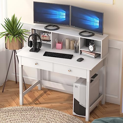 WiberWi Computer Desk with Drawers and Hutch, 43.3 inch White Home Office Desks Small Makeup Vanity Desk Table with Storage for Small Spaces Bedroom, Writing Desk Study Table