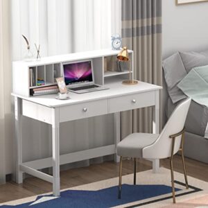 WiberWi Computer Desk with Drawers and Hutch, 43.3 inch White Home Office Desks Small Makeup Vanity Desk Table with Storage for Small Spaces Bedroom, Writing Desk Study Table