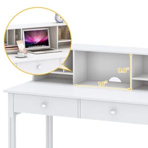 WiberWi Computer Desk with Drawers and Hutch, 43.3 inch White Home Office Desks Small Makeup Vanity Desk Table with Storage for Small Spaces Bedroom, Writing Desk Study Table