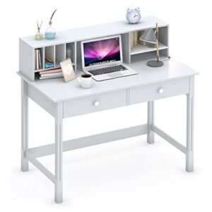 WiberWi Computer Desk with Drawers and Hutch, 43.3 inch White Home Office Desks Small Makeup Vanity Desk Table with Storage for Small Spaces Bedroom, Writing Desk Study Table