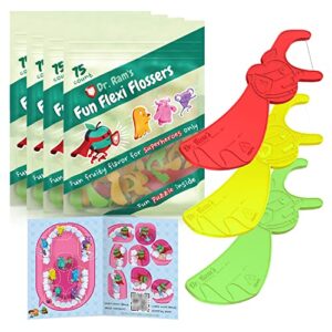 dr. ram's fun flexi flossers for kids - 300 count kids dental floss - anti-ouch shape with puzzle and game - light citrus fruit scent kid floss