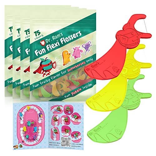 Dr. Ram's Fun Flexi Flossers for Kids - 300 Count Kids Dental Floss - Anti-Ouch Shape with Puzzle and Game - Light Citrus Fruit Scent Kid Floss