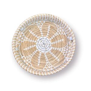 flower rattan tray , round wicker woven basket serving trays decorative (11in), natural & white