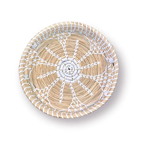 Flower Rattan Tray , Round Wicker Woven Basket Serving Trays Decorative (11in), Natural & White