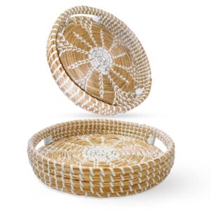 Flower Rattan Tray , Round Wicker Woven Basket Serving Trays Decorative (11in), Natural & White