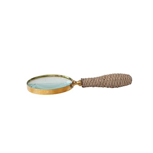 Creative Co-Op Brass Magnifying Glass with Jute Wrapped Handle Decorative Accents, 9" L x 4" W x 1" H, Clear & Natural