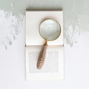 Creative Co-Op Brass Magnifying Glass with Jute Wrapped Handle Decorative Accents, 9" L x 4" W x 1" H, Clear & Natural