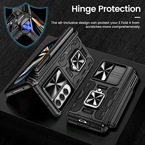 VEGO for Galaxy Z Fold 4 Case with S Pen Holder, [Hinge Protection][360°Ring Magnetic Kickstand][Slide Camera Cover][Front Screen Protector] Protective Armor Case for Samsung Galaxy Z Fold 4- Black