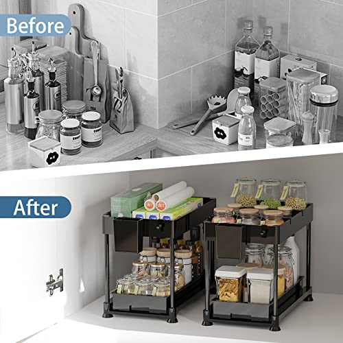 R RUISHENG Mothers Day Gifts Under Sink Organizer, 2 Tier Bathroom Storage Shelf with Hooks for Kitchen, Under Sliding Cabinet Organisation Basket, Multi-Purpose Cleaning Supplies Holder