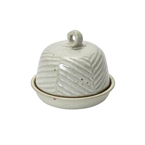 creative co-op embossed stoneware domed dish with handle, white reactive glaze food storage, 6" l x 6" w x 5" h, multicolor