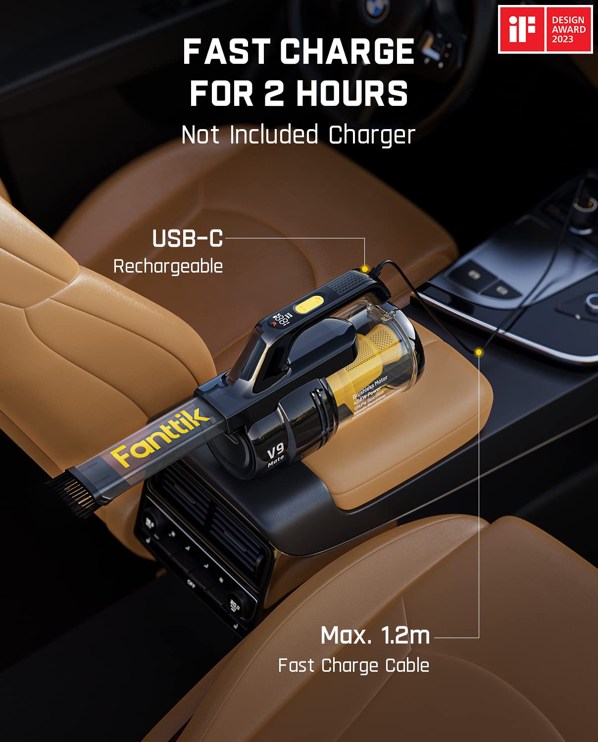 Fanttik RobustClean™ V9 Mate Cordless Car Vacuum, 13kPa/40AW, Handheld Vacuum with Various Attachments, 2-Hour Fast Charge, Lightweight Cordless Vacuum with LED-Display&Light, for Car Home Cleaning