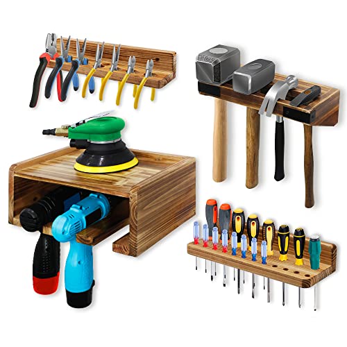 Tool Organizer Wall Mount Garage Hanger Rack for Screwdriver, Pliers, Cordless Drill, Multifunction Wood Tool Storage Organization Holder