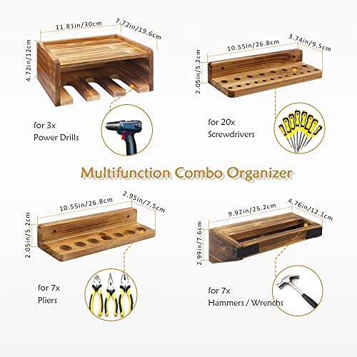 Tool Organizer Wall Mount Garage Hanger Rack for Screwdriver, Pliers, Cordless Drill, Multifunction Wood Tool Storage Organization Holder