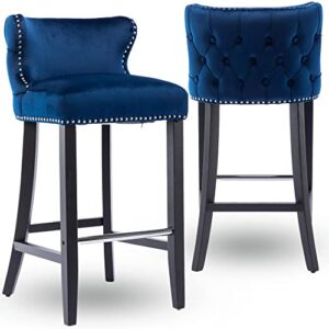 j&k set of 2 upholstered wing-back counter chair with backstitching nailhead trim and solid wood legs (blue)