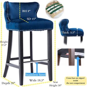 J&K Set of 2 Upholstered Wing-Back Counter Chair with Backstitching Nailhead Trim and Solid Wood Legs (Blue)