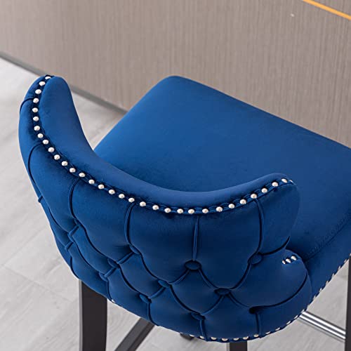 J&K Set of 2 Upholstered Wing-Back Counter Chair with Backstitching Nailhead Trim and Solid Wood Legs (Blue)