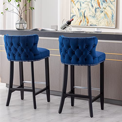 J&K Set of 2 Upholstered Wing-Back Counter Chair with Backstitching Nailhead Trim and Solid Wood Legs (Blue)