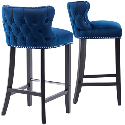 J&K Set of 2 Upholstered Wing-Back Counter Chair with Backstitching Nailhead Trim and Solid Wood Legs (Blue)