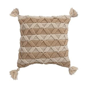 bloomingville bloomingville hand-woven cotton macrame pillow with stripes and tassels, brown and cream