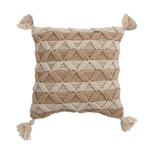 Bloomingville Bloomingville Hand-Woven Cotton Macrame Pillow with Stripes and Tassels, Brown and Cream