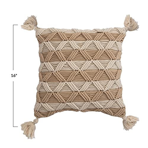 Bloomingville Bloomingville Hand-Woven Cotton Macrame Pillow with Stripes and Tassels, Brown and Cream