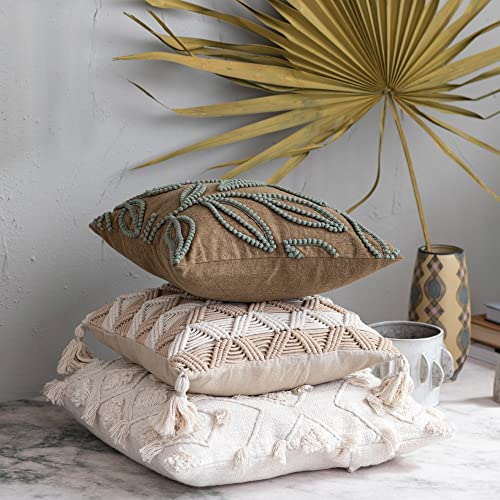 Bloomingville Bloomingville Hand-Woven Cotton Macrame Pillow with Stripes and Tassels, Brown and Cream