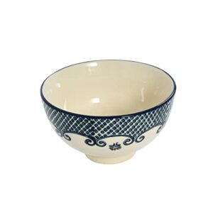 creative co-op hand stamped stoneware bowl with pattern, cream and blue, set of 4 serveware, 5"l x 5"w x 3"h, blue & cream