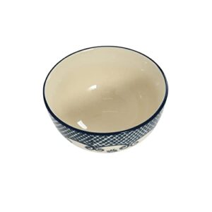Creative Co-Op Hand Stamped Stoneware Bowl with Pattern, Cream and Blue, Set of 4 Serveware, 5"L x 5"W x 3"H, Blue & Cream