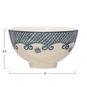 Creative Co-Op Hand Stamped Stoneware Bowl with Pattern, Cream and Blue, Set of 4 Serveware, 5"L x 5"W x 3"H, Blue & Cream