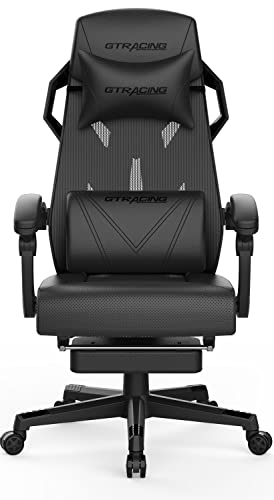 GTRACING Gaming Chair, Computer Chair with Mesh Back, Ergonomic Gaming Chair with Footrest, Reclining Gamer Chair with Adjustable Headrest and Lumbar Support for Gaming and Office, Black