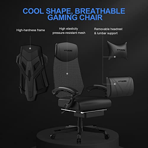 GTRACING Gaming Chair, Computer Chair with Mesh Back, Ergonomic Gaming Chair with Footrest, Reclining Gamer Chair with Adjustable Headrest and Lumbar Support for Gaming and Office, Black