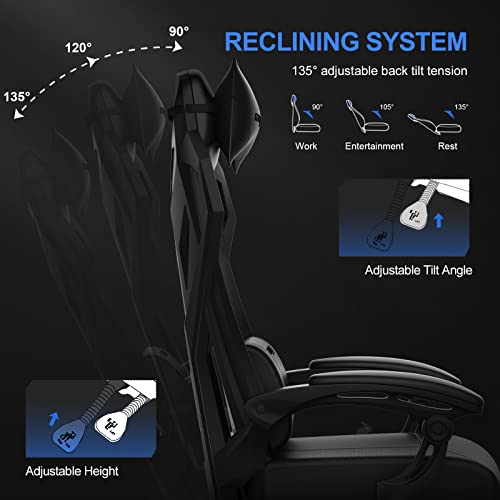 GTRACING Gaming Chair, Computer Chair with Mesh Back, Ergonomic Gaming Chair with Footrest, Reclining Gamer Chair with Adjustable Headrest and Lumbar Support for Gaming and Office, Black