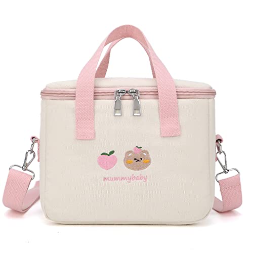 LaurelTree Aesthetic Kawaii Cute Lunch Bag Box with Straps Insulated Waterproof Durable for Women Girls Kids Office School (Pink)