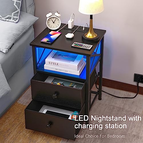 AMHANCIBLE LED Night Stand Set 2, Night Stands for bedrooms Set of 2 with Charging Station, Side Table with USB C Port and Outlet HET052LBK