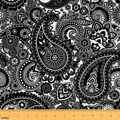 Paisley Fabric by The Yard, Paisley Floral Upholstery Fabric, Mandala Exotic Chic Flower Decorative Fabric, Retro Boho Indoor Outdoor Fabric, DIY Art Waterproof Fabric, Black White, 5 Yards