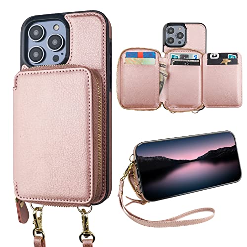 Bocasal RFID Blocking Wallet Case for iPhone 14 Pro Max, Adjustable Crossbody Zipper Purse Case Card Holder with Kickstand Detachable Wrist Strap, PU Leather Flip Folio Case 6.7 Inch 5G (Rose Gold)