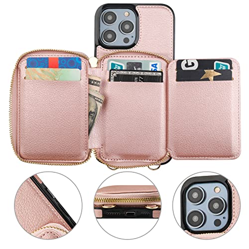 Bocasal RFID Blocking Wallet Case for iPhone 14 Pro Max, Adjustable Crossbody Zipper Purse Case Card Holder with Kickstand Detachable Wrist Strap, PU Leather Flip Folio Case 6.7 Inch 5G (Rose Gold)