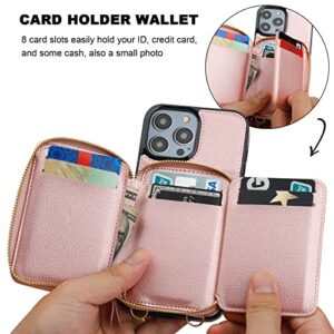 Bocasal RFID Blocking Wallet Case for iPhone 14 Pro Max, Adjustable Crossbody Zipper Purse Case Card Holder with Kickstand Detachable Wrist Strap, PU Leather Flip Folio Case 6.7 Inch 5G (Rose Gold)