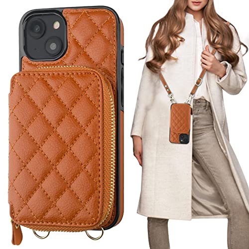 Bocasal Crossbody Wallet Case for iPhone 14 Plus, RFID Blocking PU Leather Zipper Handbag Purse Flip Cover, Kickstand Folio Case with Card Slots Holder Wrist Strap Lanyard 5G 6.7 Inch (Brown)