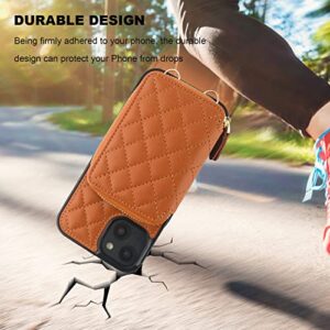 Bocasal Crossbody Wallet Case for iPhone 14 Plus, RFID Blocking PU Leather Zipper Handbag Purse Flip Cover, Kickstand Folio Case with Card Slots Holder Wrist Strap Lanyard 5G 6.7 Inch (Brown)