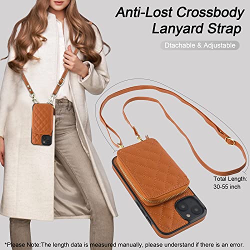 Bocasal Crossbody Wallet Case for iPhone 14 Plus, RFID Blocking PU Leather Zipper Handbag Purse Flip Cover, Kickstand Folio Case with Card Slots Holder Wrist Strap Lanyard 5G 6.7 Inch (Brown)