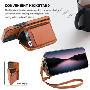 Bocasal Crossbody Wallet Case for iPhone 14 Plus, RFID Blocking PU Leather Zipper Handbag Purse Flip Cover, Kickstand Folio Case with Card Slots Holder Wrist Strap Lanyard 5G 6.7 Inch (Brown)