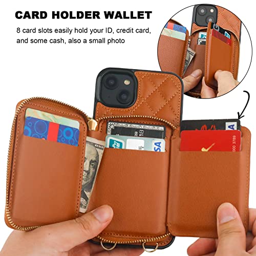 Bocasal Crossbody Wallet Case for iPhone 14 Plus, RFID Blocking PU Leather Zipper Handbag Purse Flip Cover, Kickstand Folio Case with Card Slots Holder Wrist Strap Lanyard 5G 6.7 Inch (Brown)