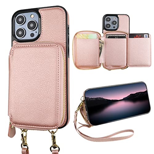 Bocasal RFID Blocking Wallet Case for iPhone 14 Pro, Adjustable Crossbody Zipper Purse Case Card Holder with Kickstand Detachable Wrist Strap, PU Leather Flip Folio Case 6.1 Inch 5G (Rose Gold)