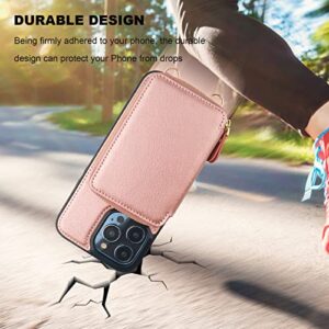 Bocasal RFID Blocking Wallet Case for iPhone 14 Pro, Adjustable Crossbody Zipper Purse Case Card Holder with Kickstand Detachable Wrist Strap, PU Leather Flip Folio Case 6.1 Inch 5G (Rose Gold)